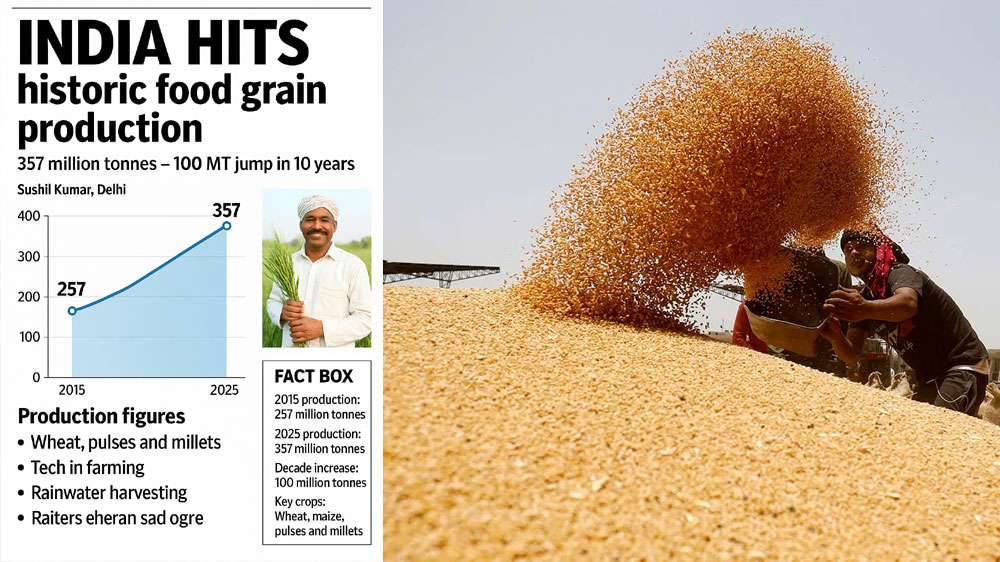 Food Grain Production : 2025ರಲ್ಲಿ ದಾಖಲೆಯ 357 ಮಿಲಿಯನ್ ಟನ್ ಆಹಾರ ಧಾನ್ಯ ಉತ್ಪಾದನೆ ಮಾಡಿದ ಭಾರತ